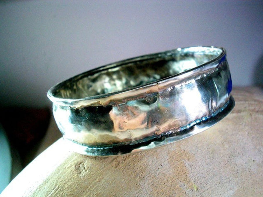 Wide Hammered Solid Silver Bangle