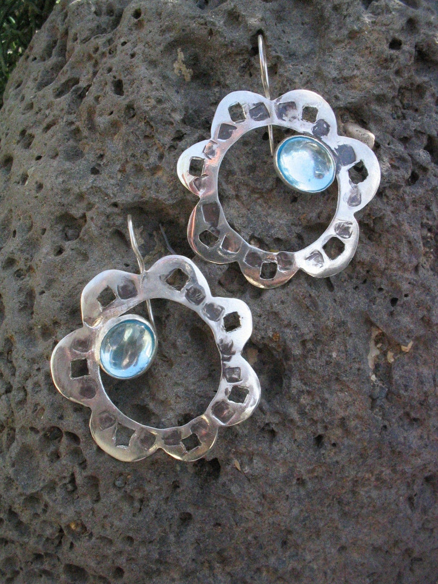 Large Silver Stone Flower Earrings
