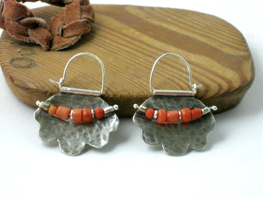 Natural Coral Hammered Silver Earring Hoops.