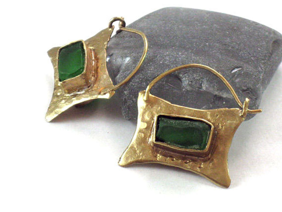 Gold Green Glass Two Sided Ear Hoops