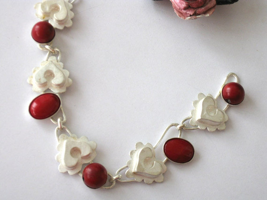 Silver Heart Coral Artisan Necklace