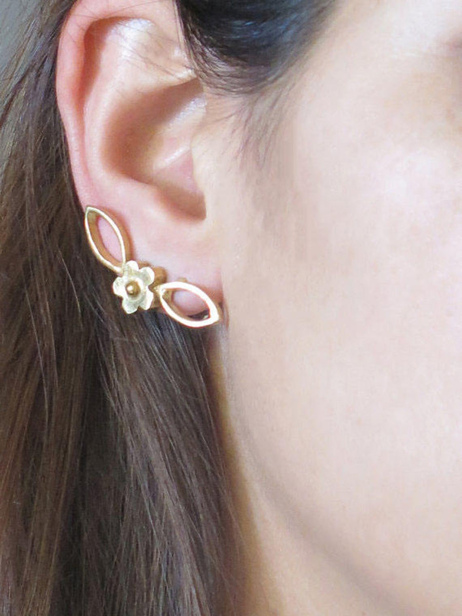 Gold Ear Climbers, Flowerd Stud Earring, Gold Ear Posts, Ear Lobe Post, Gold Earrings, Gold Plated Brass, Gold Stud Earrings, Ear Jackets