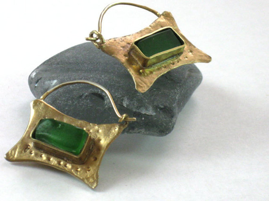 Emerald Green Glass Gold Hoop Earrings