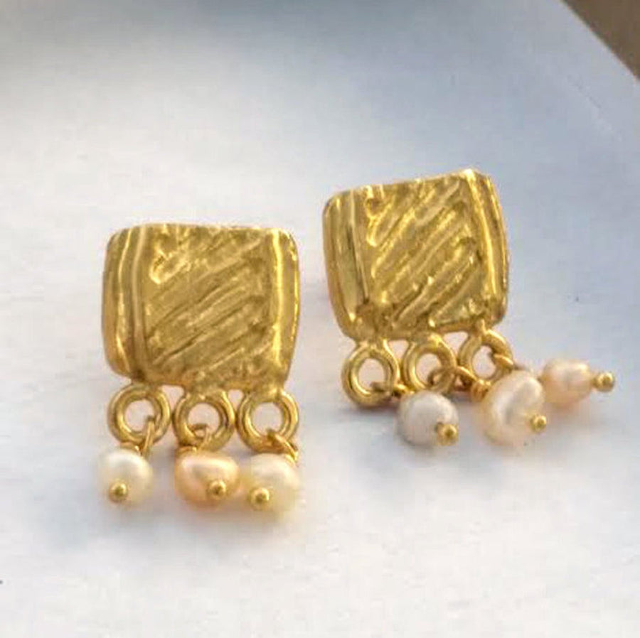 Gold Pearl Stud Dangle Earrings