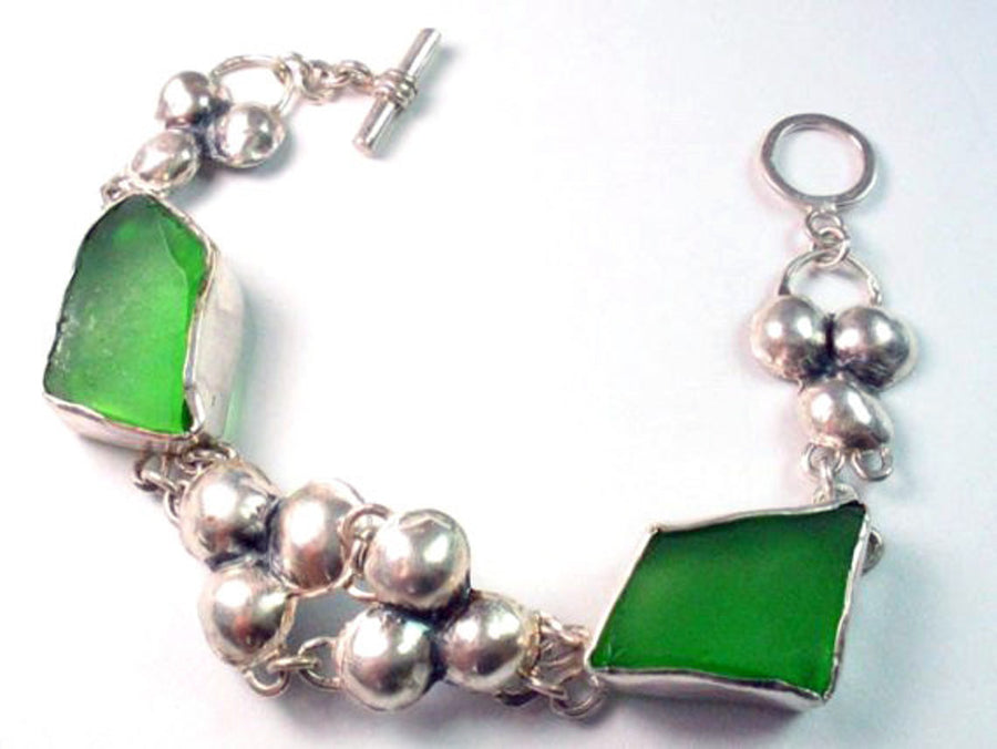 Statement Hammered Silver and Sea Glass Bracelet