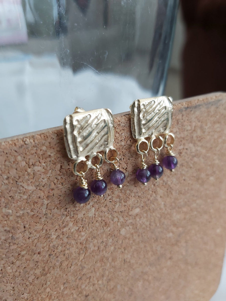 Gold Stud Dangles with Amethyst Beads