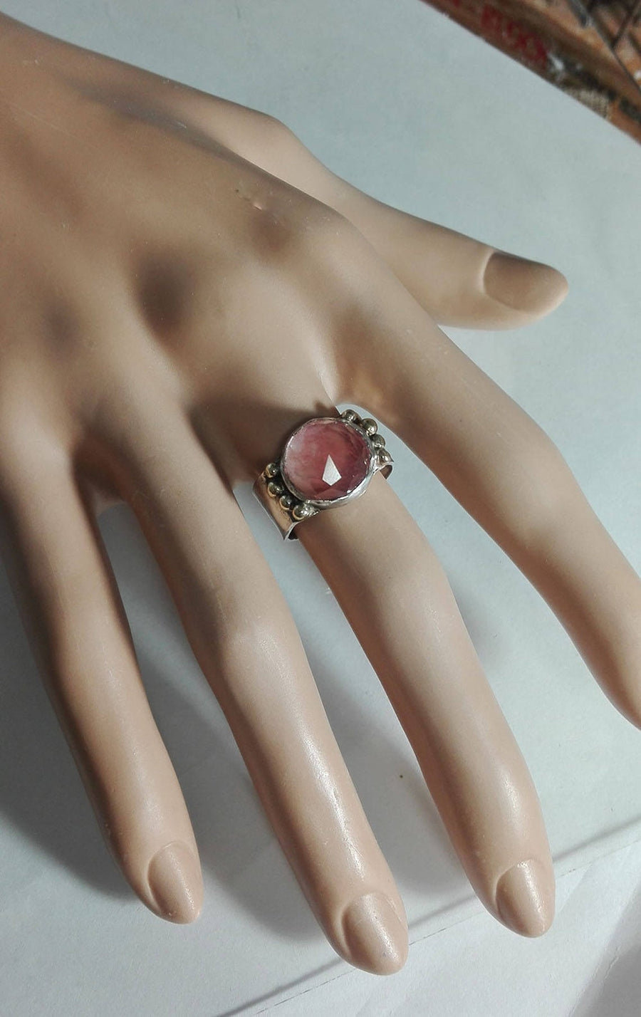 Solid Silver and Gold Pink Stone Ring.