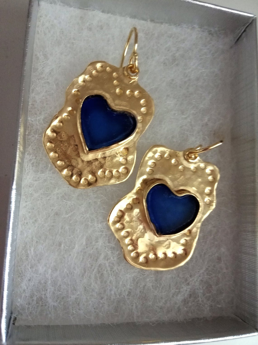 Blue Gold Heart Glass Earrings
