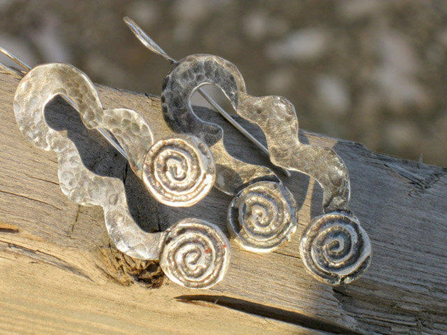 Long hammered Silver Dangles with Spirals.