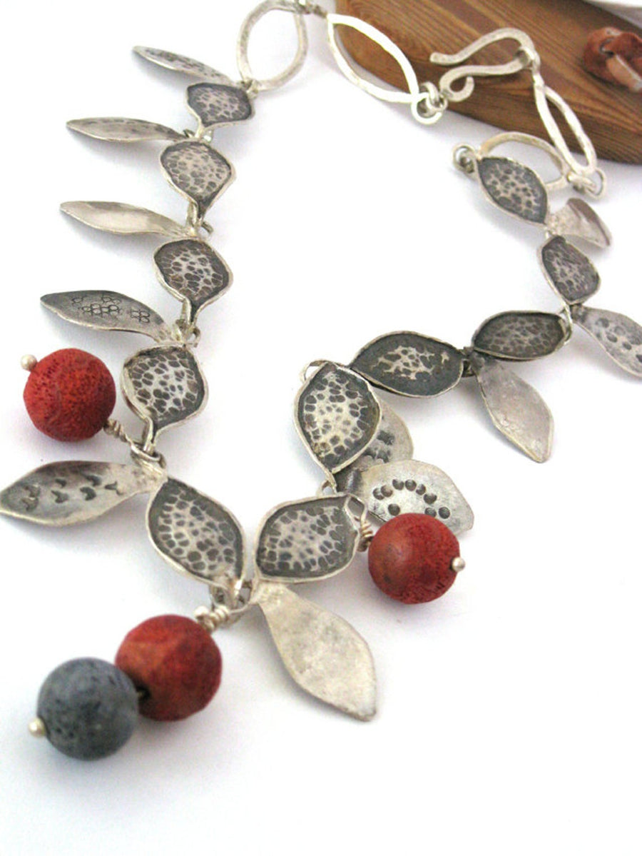 Unusual Hammered Silver Coral Necklace