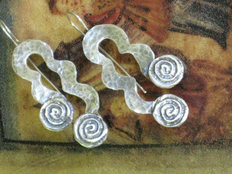 Long hammered Silver Dangles with Spirals.