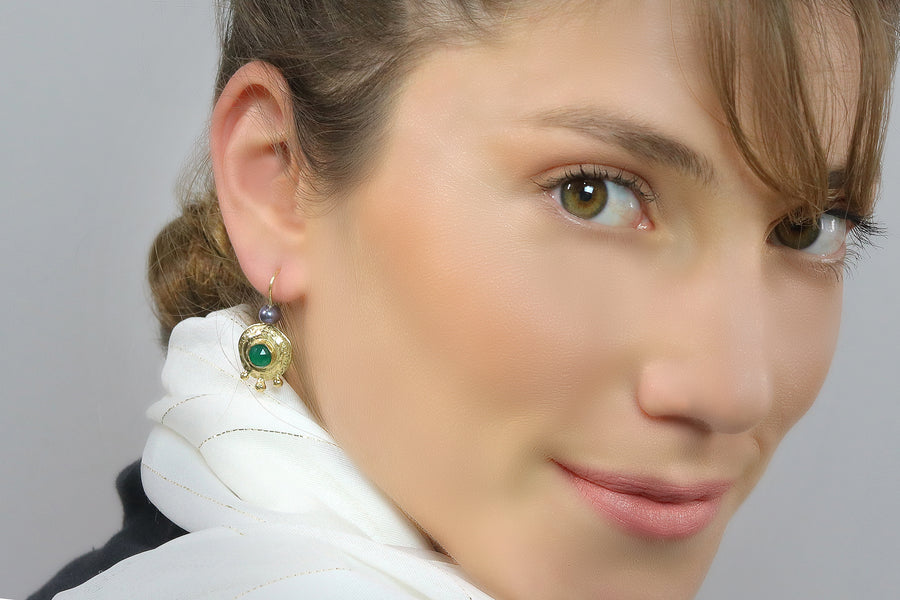 Gold Green Onyx Pearl Dangle Earrings