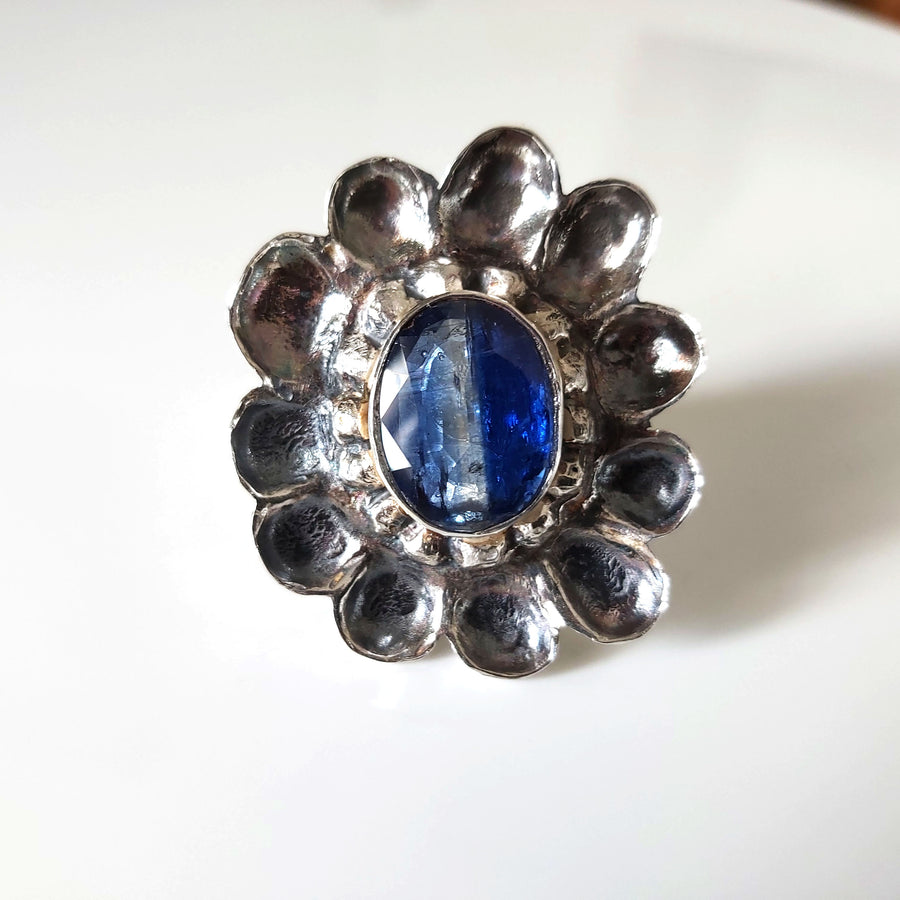 Large Sterling Flower Ring and Faceted Blue Kyanite
