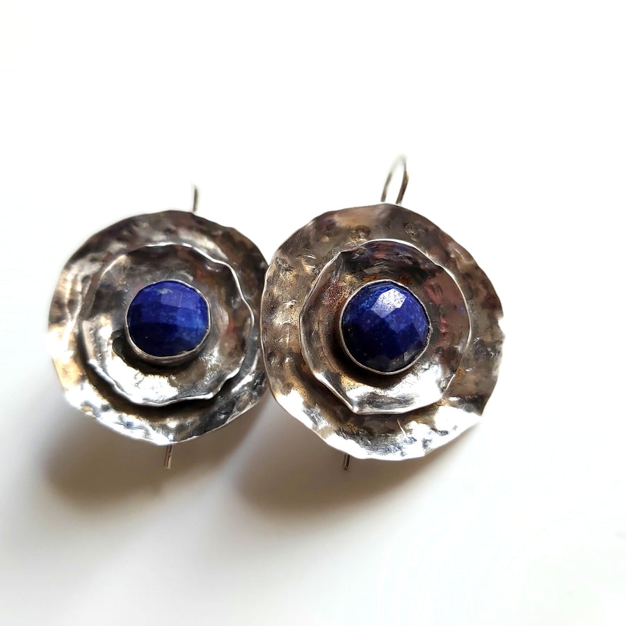 Lapis Lazuli Silver Round Disk Earrings.