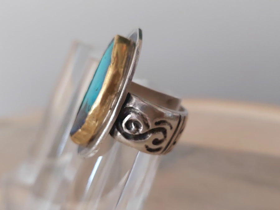 Modern beautiful handmade Sterling Silver 22k Gold and Australian Boulder Opal ring.