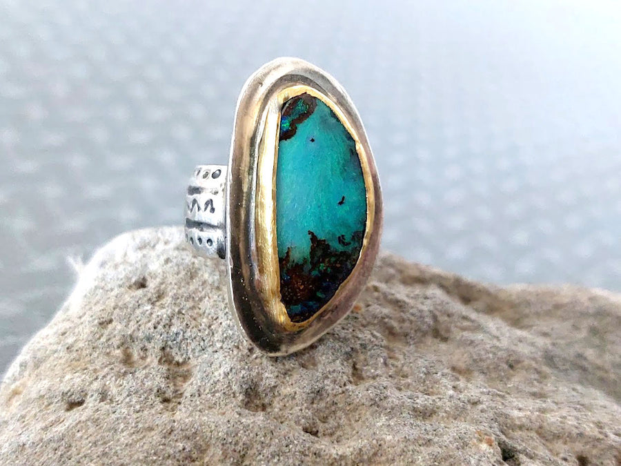 Modern beautiful handmade Sterling Silver 22k Gold and Australian Boulder Opal ring.