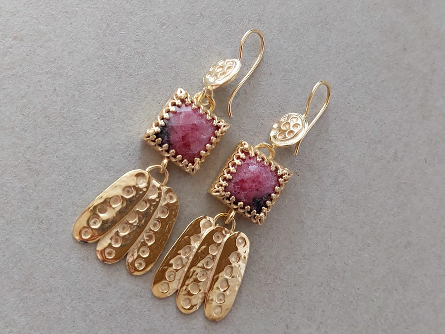 Long Gold Pink Rhodonite Stone Earrings