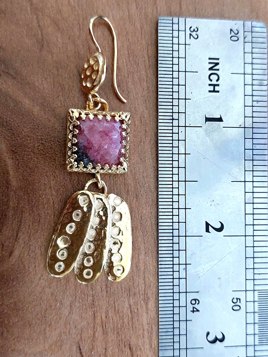 Long Gold Pink Rhodonite Stone Earrings