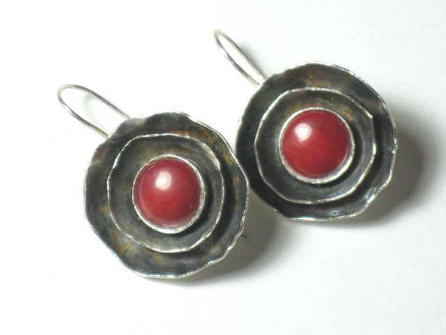 Round Hammered Coral Silver Earrings.