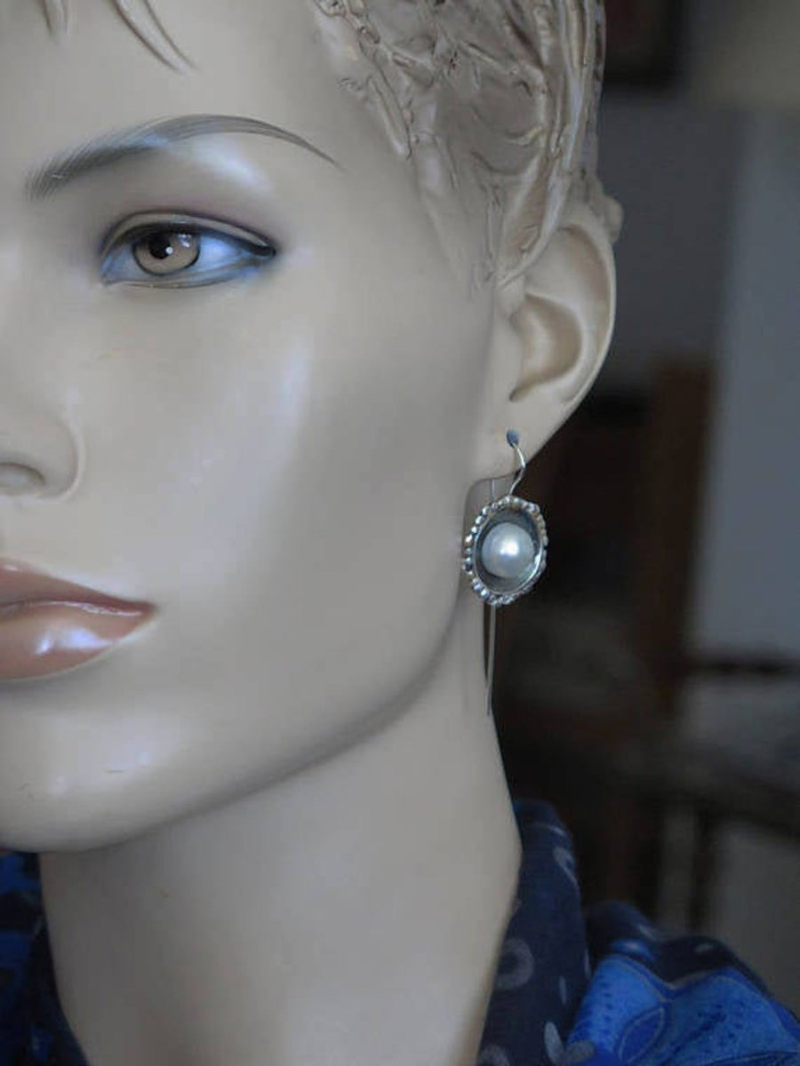 Statement Pearl Silver Dangle Earrings