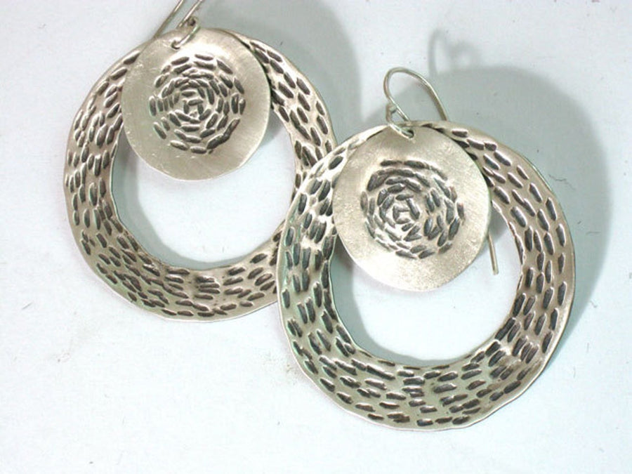 Large Circle Textured Silver Dangle Hoop Earrings