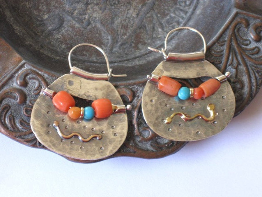 Coral Silver and Gold Bohemian Hoop Earrings