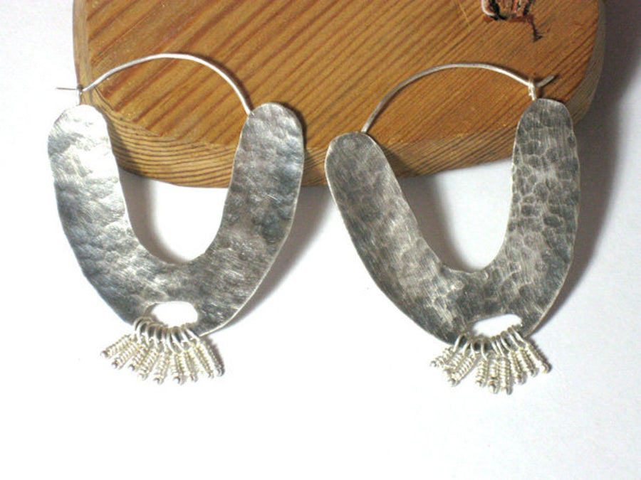Large Silver Hammered Hoop Earrings