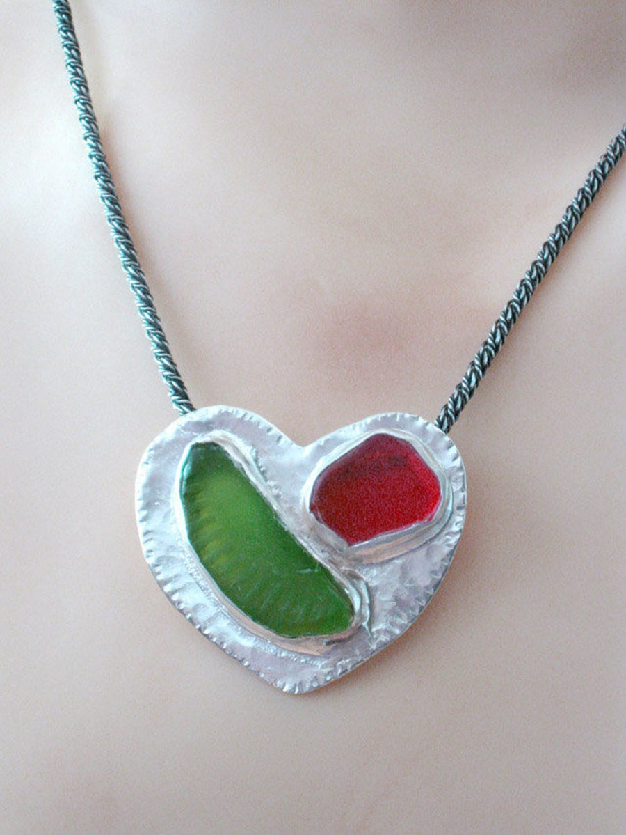 Silver Colorful Glass Statement Heart Necklace