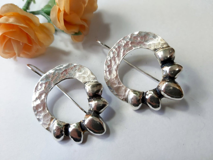 Large Silver Hammered Flower Earrings