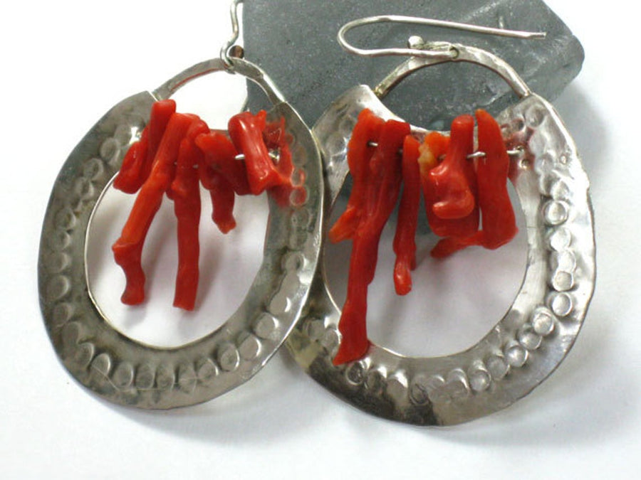 Large Hammered Silver Coral Earrings