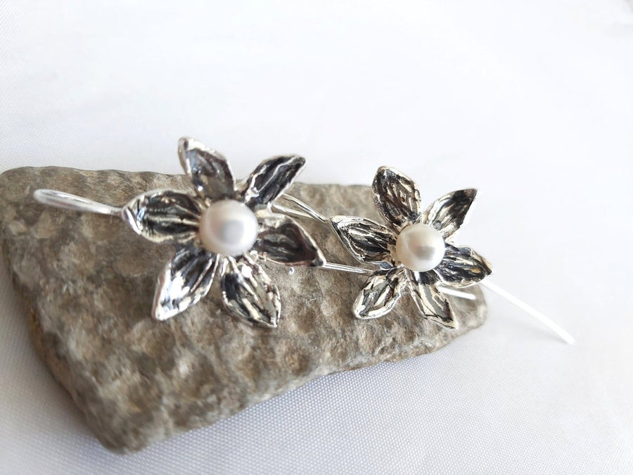 Flower Silver Pearl Dangle Earrings