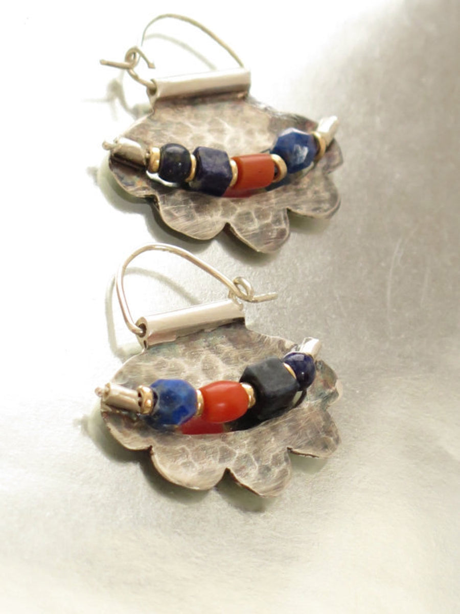 Beaded Silver Hoop Earrings with Ancient Coral and Lapis Beads