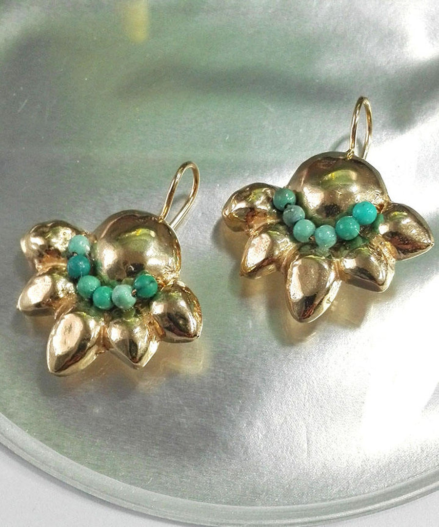 Turquoise Gold Hammered Dangle Earrings