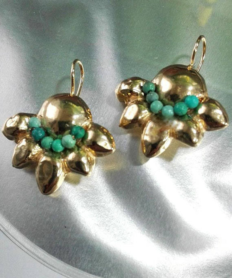Gold Turquoise Hammered Dangle Earrings