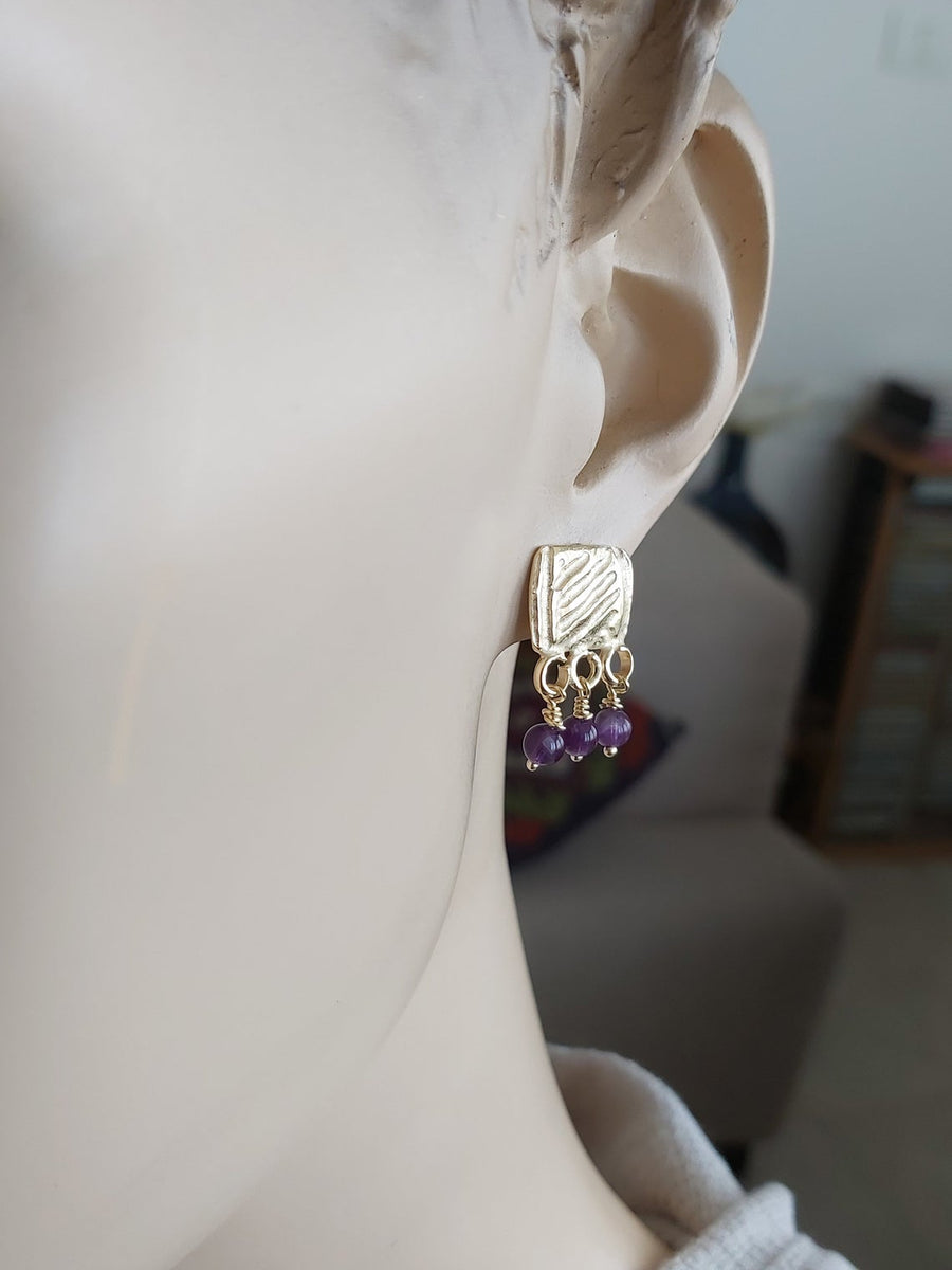 Gold Stud Dangles with Amethyst Beads