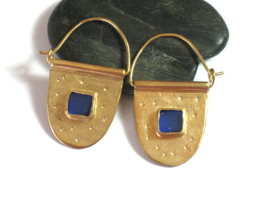 Gold and Blue Glass Hoops