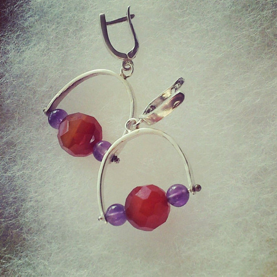 Silver Carnelian Earrings, Carnelian Gemstone Earrings, Gemstone Dangle Earrings,Orange Purple Earrings,Silver Earrings Gemstone,Stone Drops