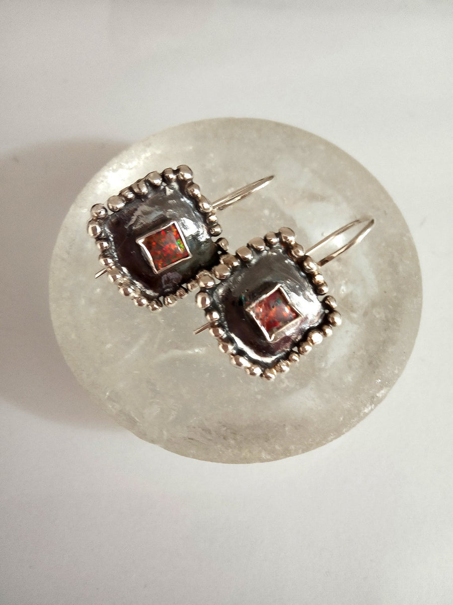 Square Silver Opal Dangle Earrings