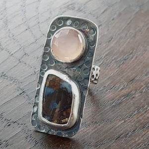 Rectangle Silver Opal and Chalcedony Ring