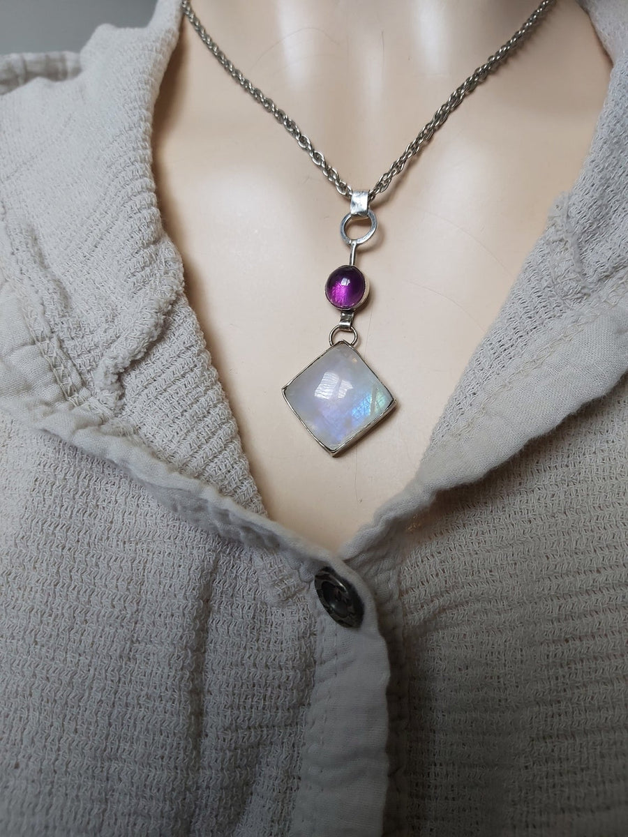 Moonstone Amethyst Y necklace/Riorita-Jewelry