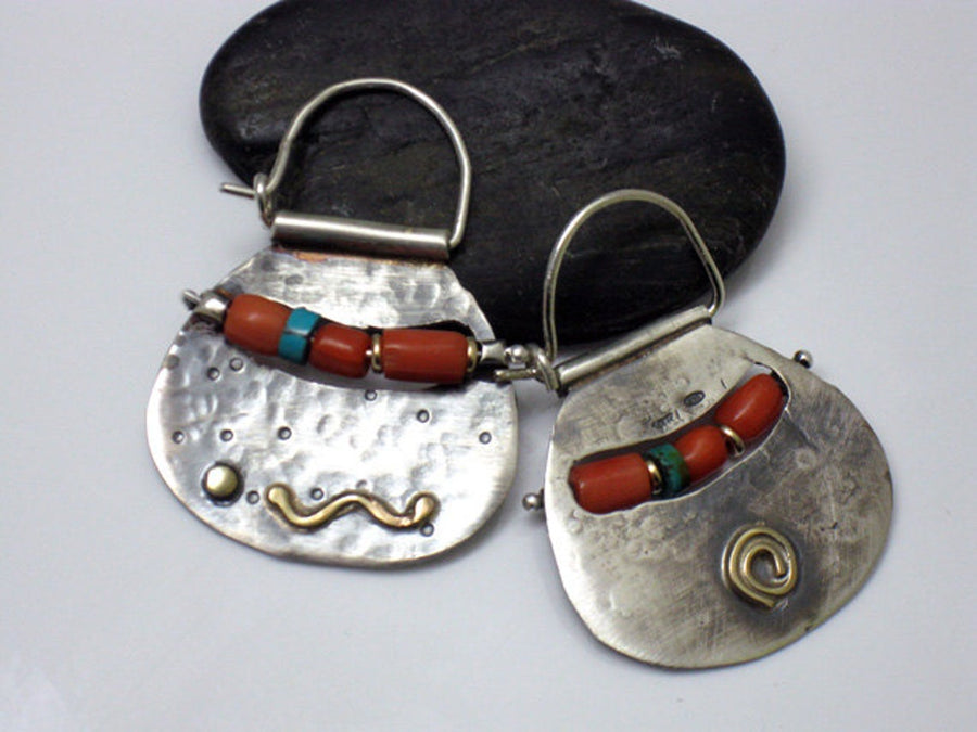 Modern Tribal Silver Gold Coral Hoops