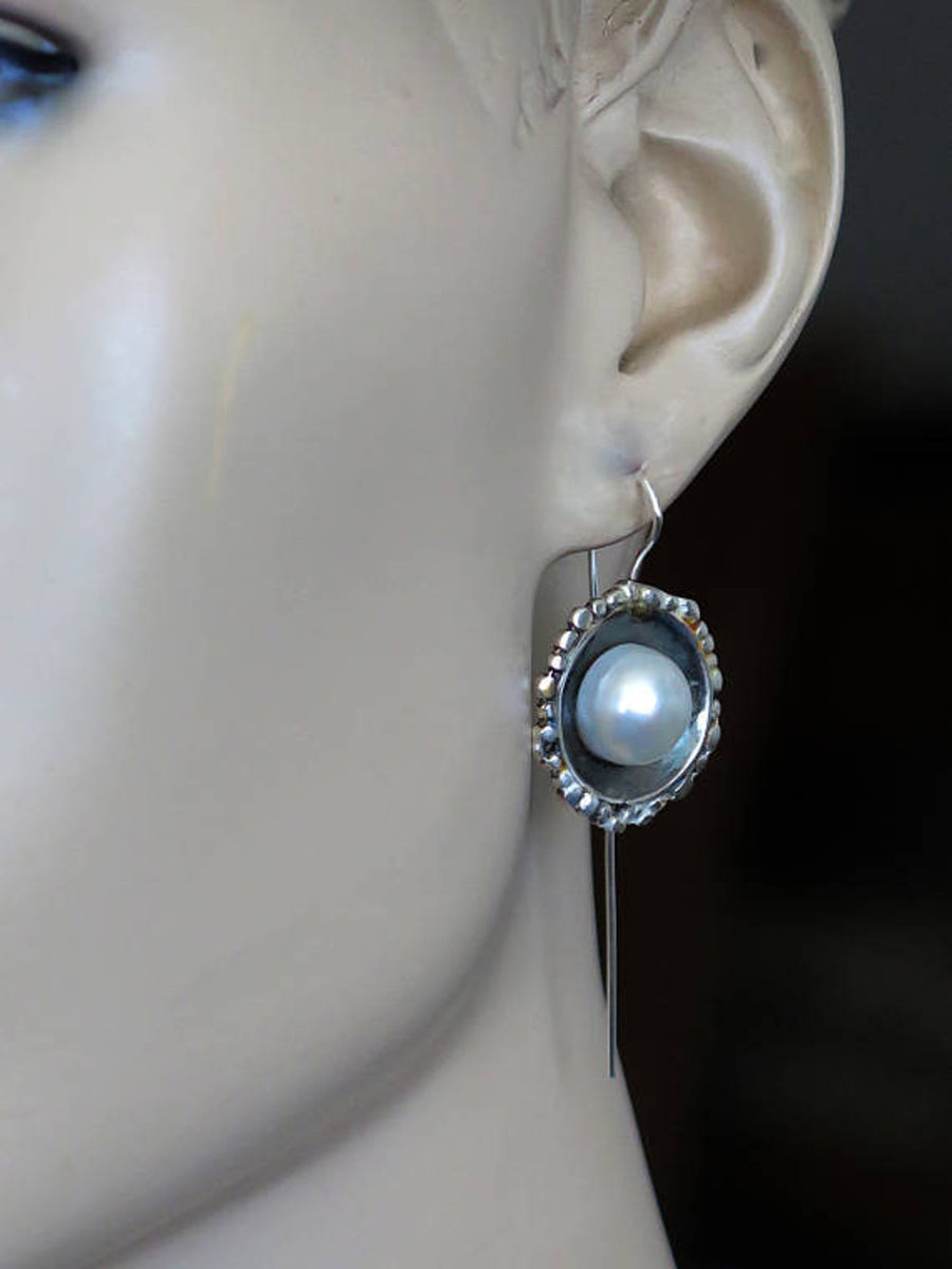 Statement Pearl Silver Dangle Earrings