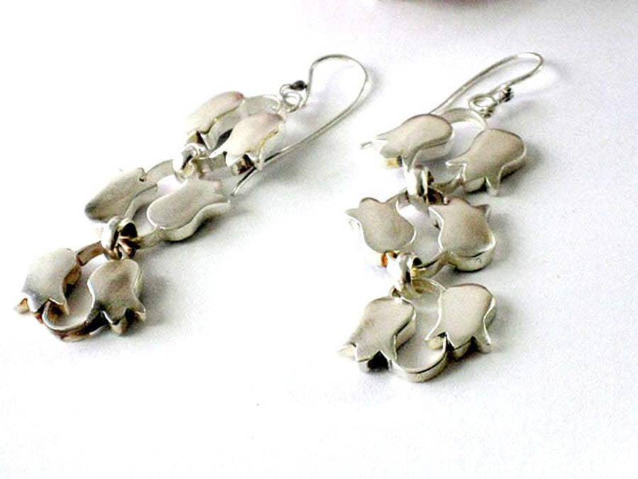 Long Silver Flower Dangle Earrings.