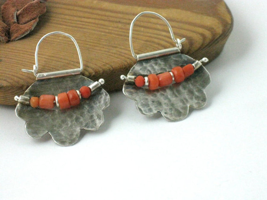 Natural Coral Hammered Silver Earring Hoops.