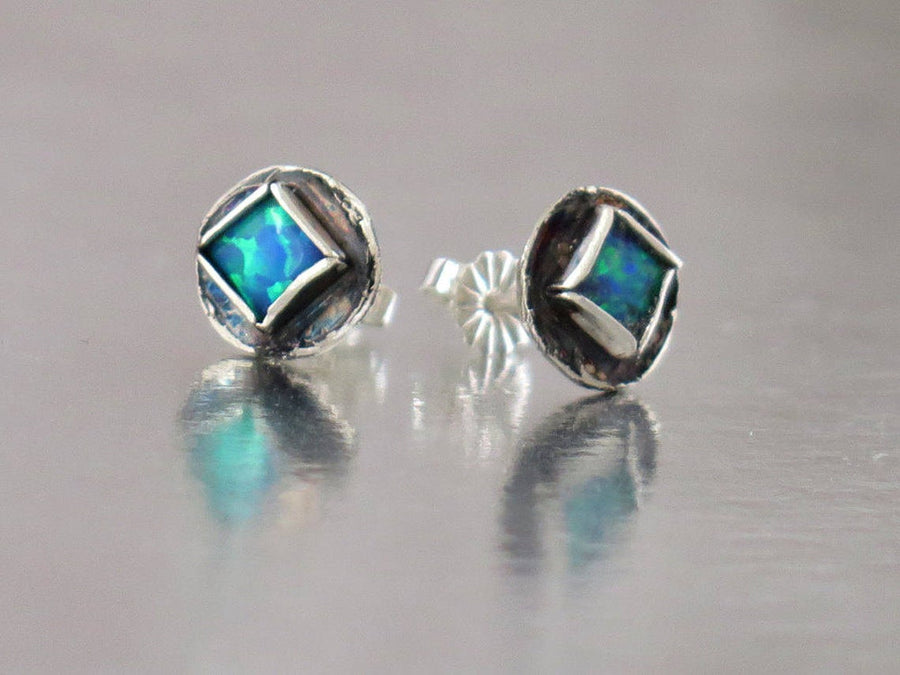 Blue Opal Silver Stud Earrings