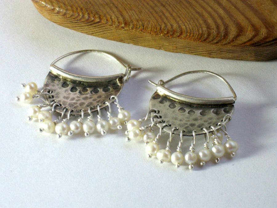 Silver Hammered Pearl Hoop Earrings