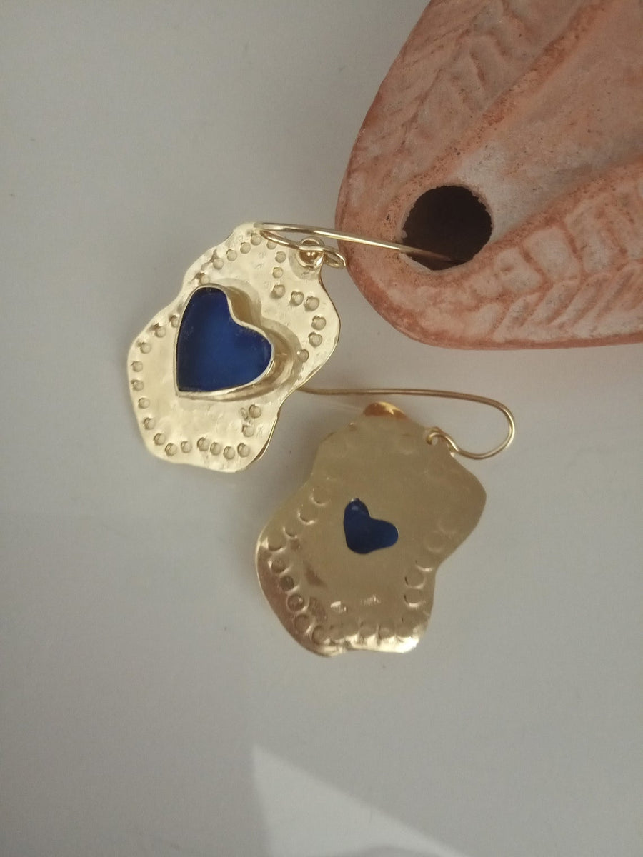 Blue Gold Heart Glass Earrings