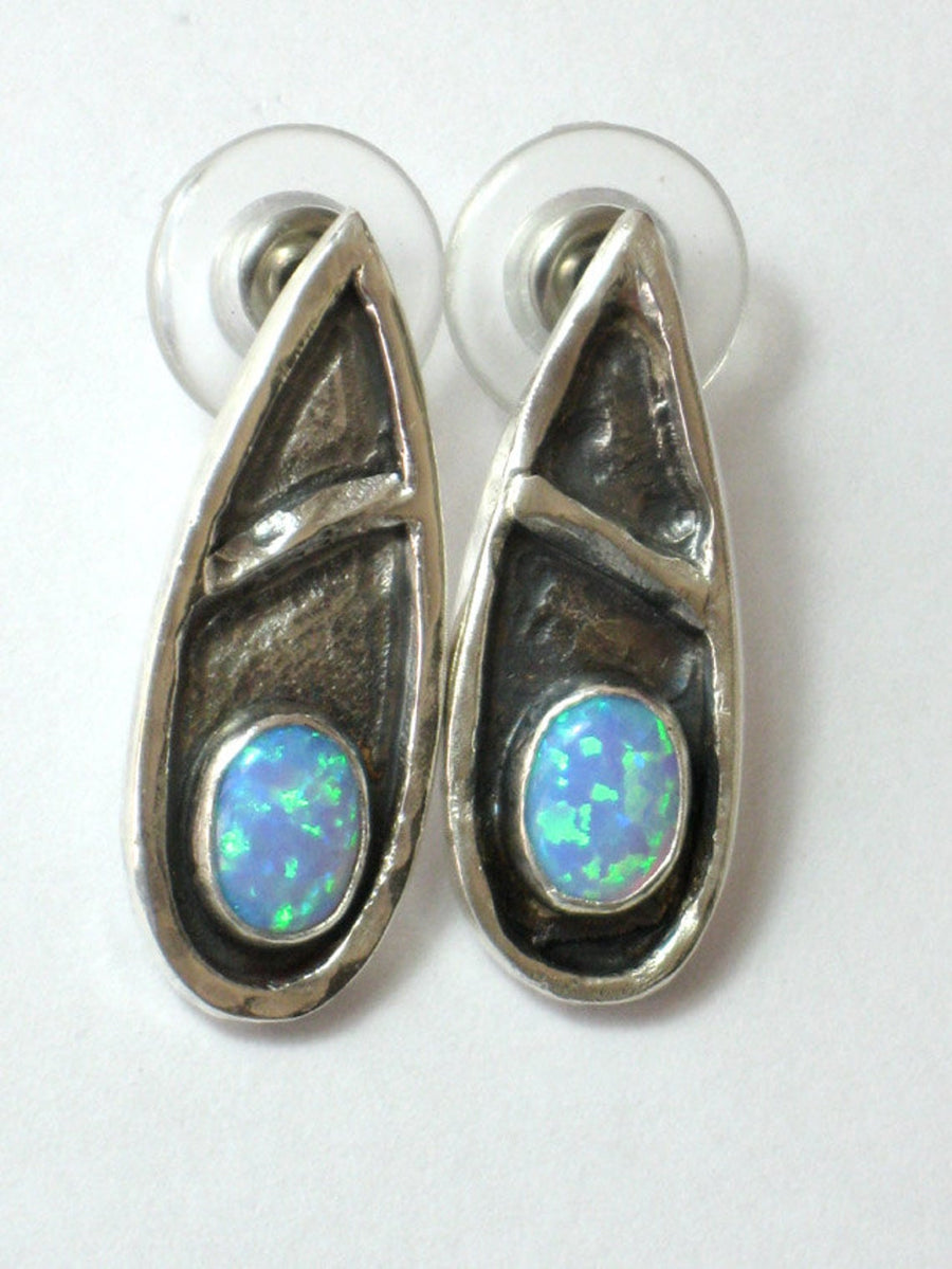 Blue Teardrop Silver Opal Studs