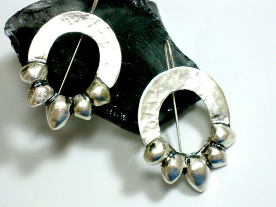 Large Silver Hammered Flower Earrings