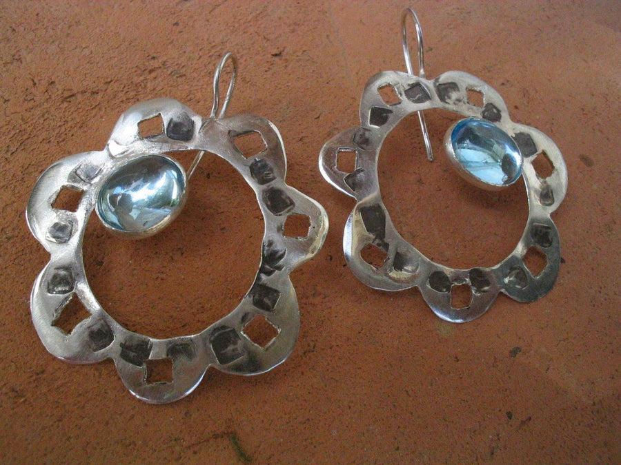 Large Silver Stone Flower Earrings
